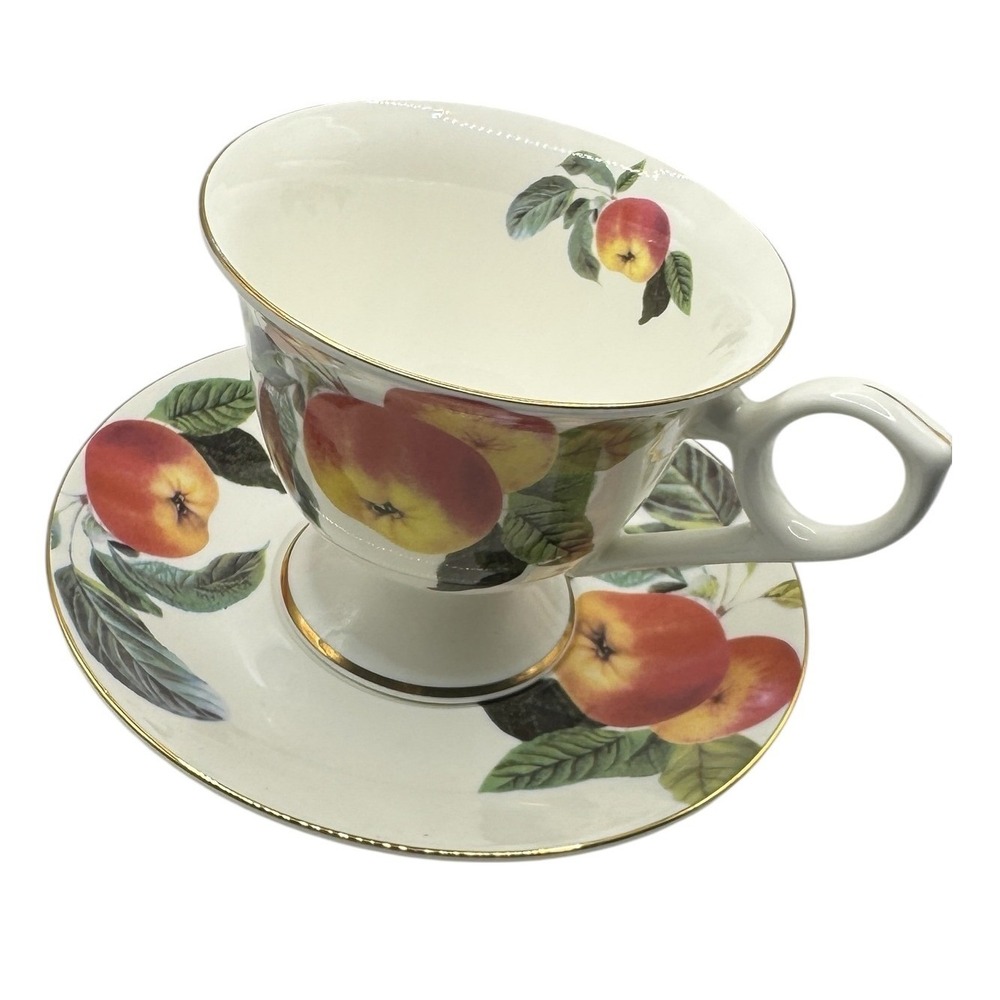 Bella Lux Gracie Bone China Tea Cup and Saucer Set peach Fruit Gold Trim White